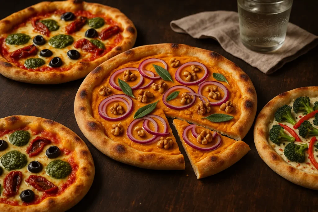 Image IA de plusieurs pizzas végétariennes