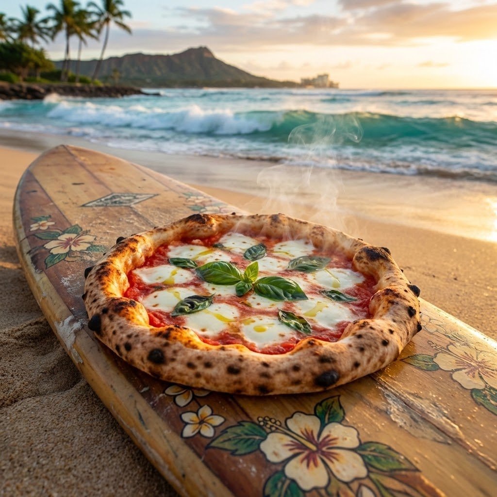 pizza posé sur un surf